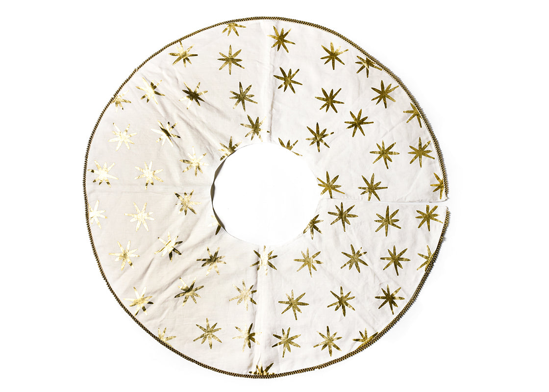 Overhead View of Fully Opened Gold Stars Tree Skirt with Beaded Trim Showing Complete Design