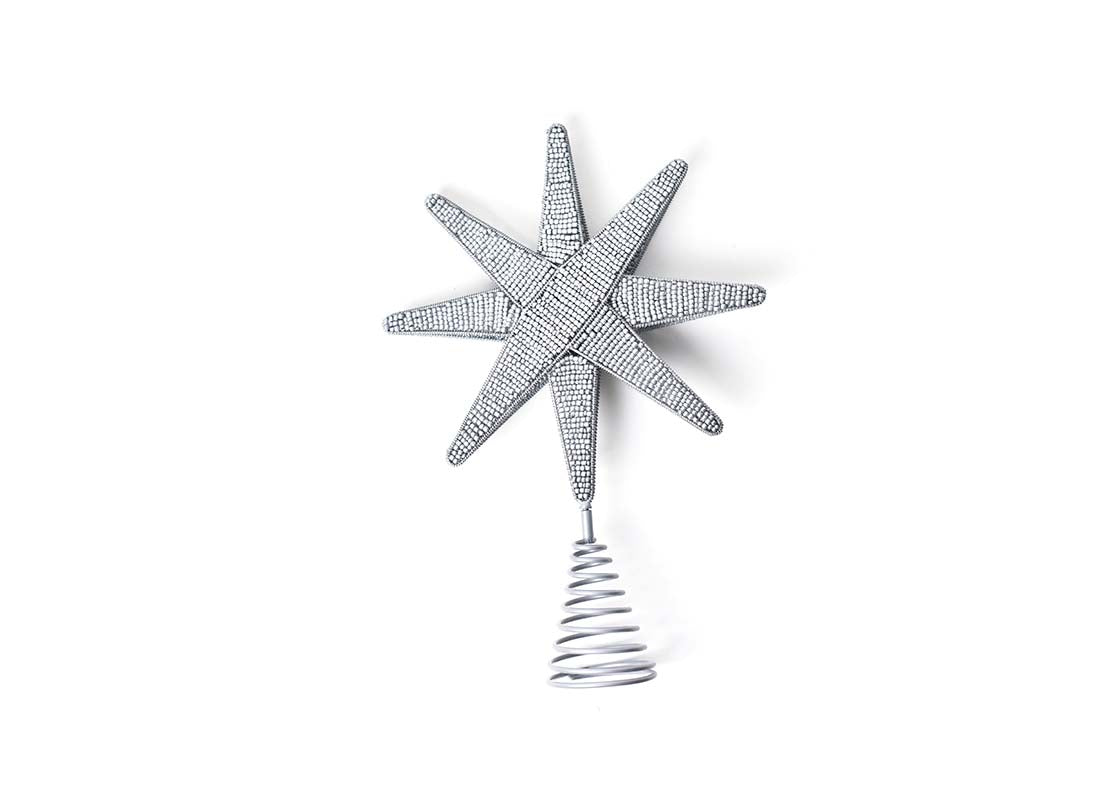 Front View of Silver Beaded Star Small Tree Topper with Spiral Holder to fit Securely on Tree