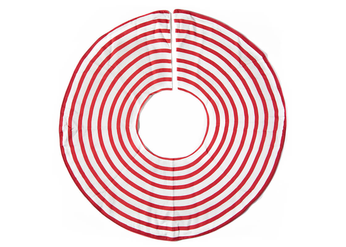 Overhead View of Fully Opened Red Stripe Tree Skirt Showing Complete Design
