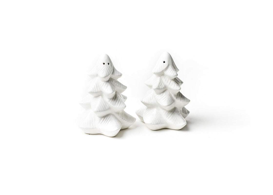 Front View of Placed Side by Side Showcasing Carved Design Details of Tree Salt and Pepper Shaker Set