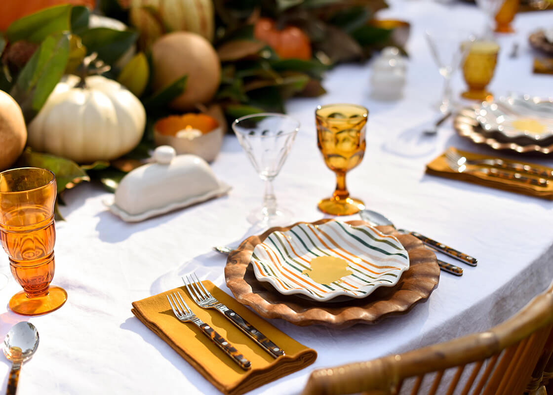 Front View of Individual Place Setting Including Turkey Stripes Ruffle Salad Plate