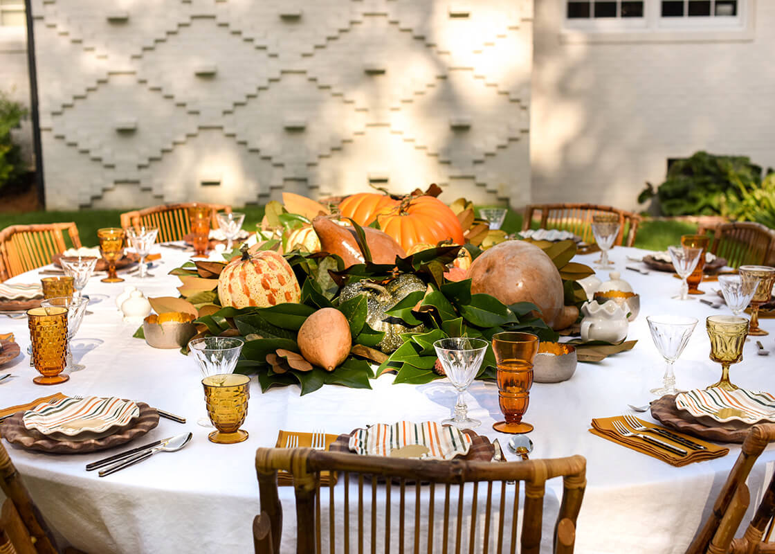 Cropped Close up of Thanksgiving Tablescape Including Turkey Stripes Ruffle Salad Plate