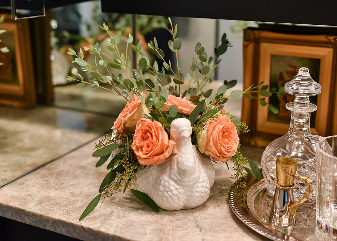 Front View of Multi-Functional Turkey Covered Bowl filled with Florals