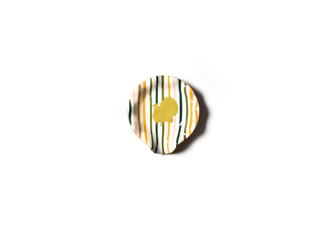 Overhead View of Striped Ruffle Spoon Rest with Metallic Gold Turkey Silhouette