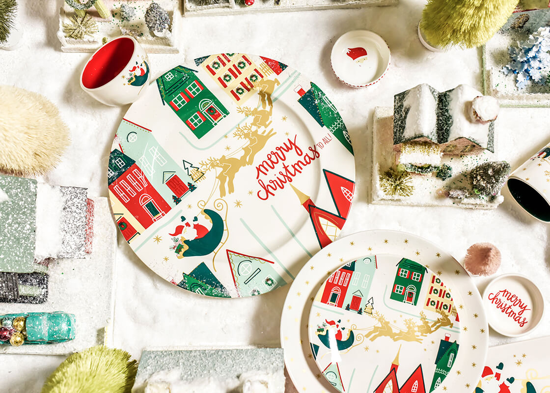 Overhead View of Christmas in the Village Serving Platter Coordinated with Coton Colors Holiday Designs