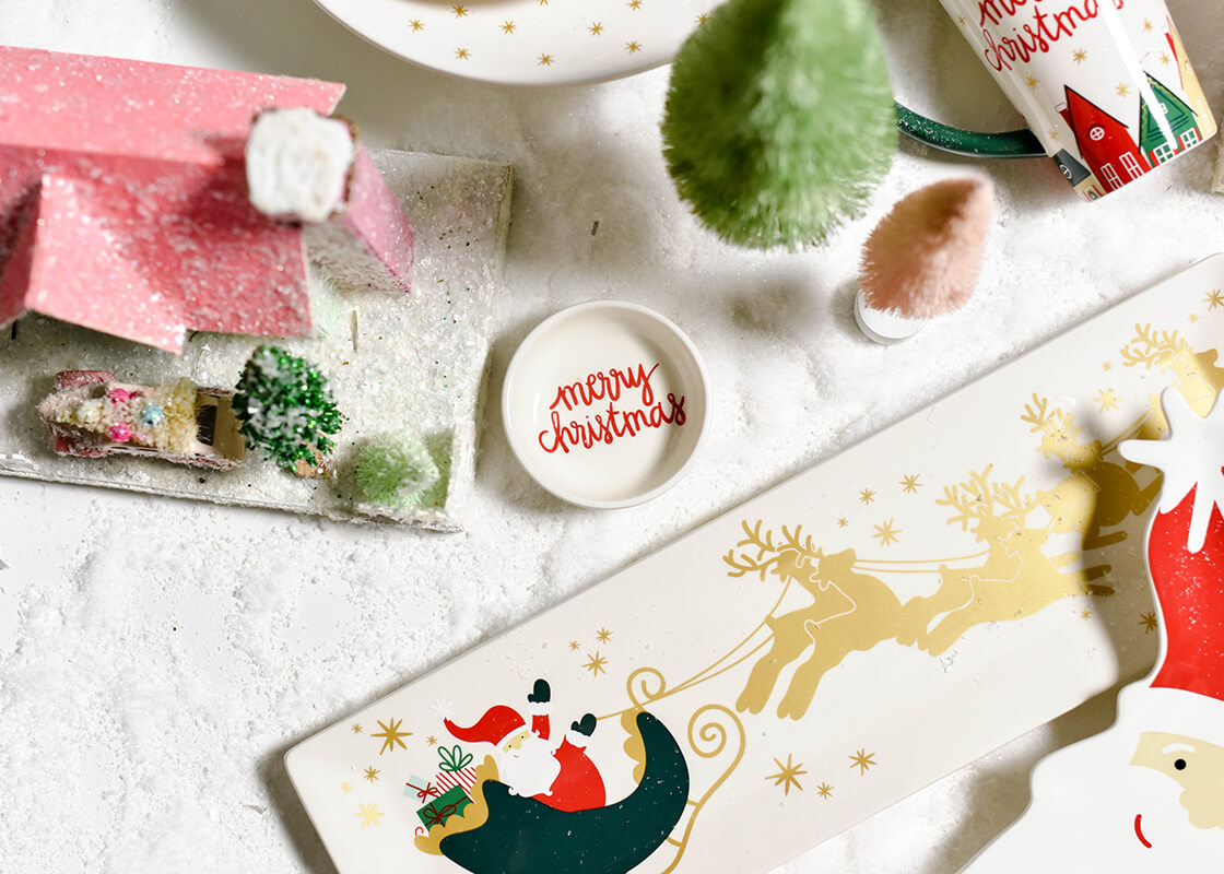 Front View of Waving Santa and Gold Metallic Reindeer on Christmas Village Design Serving Tray
