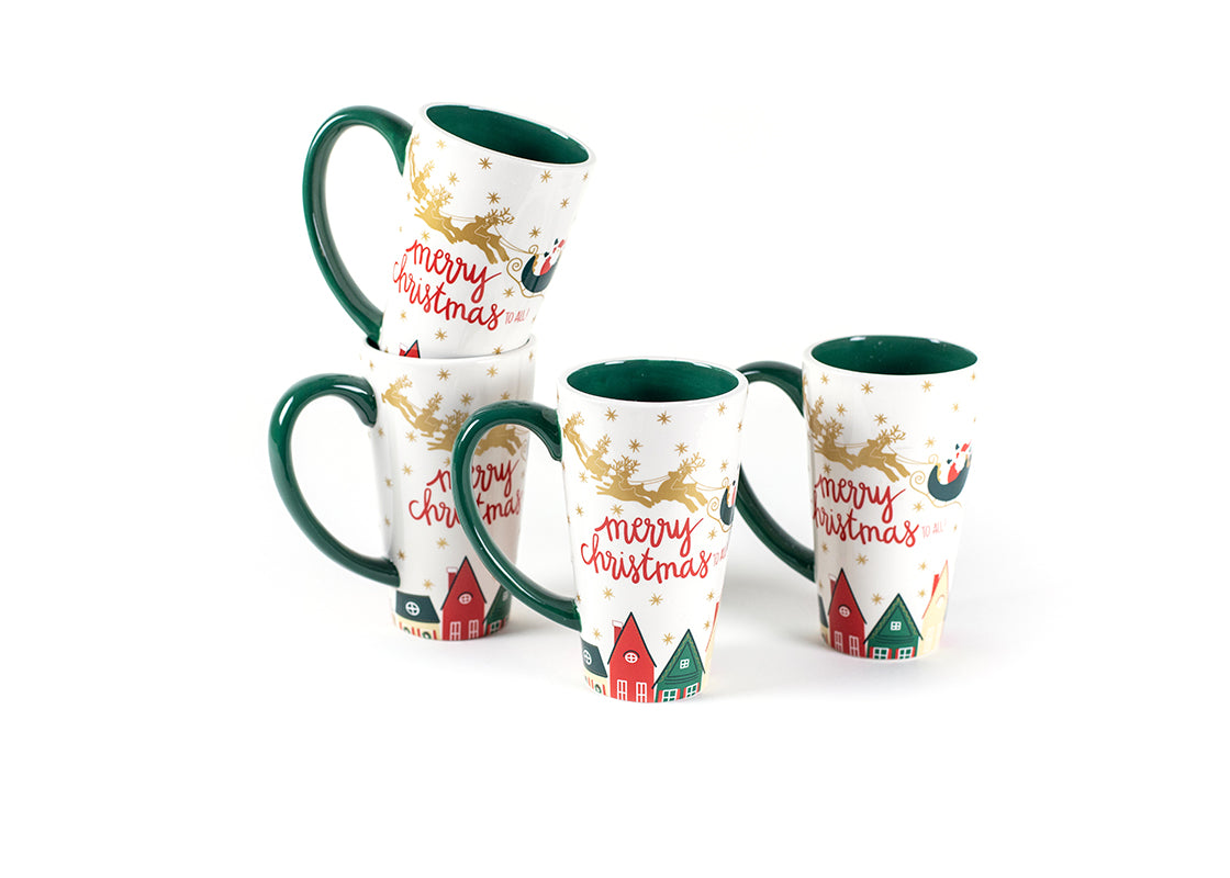 Front View of Stacked Flying Santa Mug Set of 4 Showing all Pieces in Set