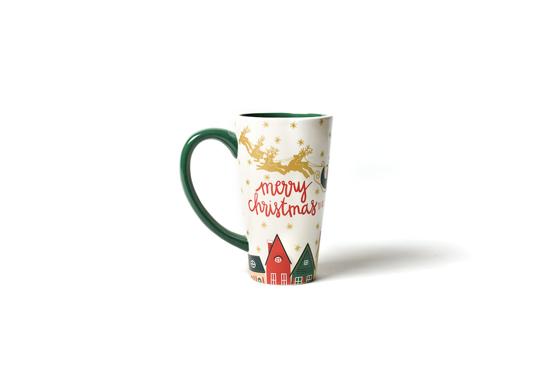 Front View of Flying Santa Mug Showing Gold Reindeer and the message "Merry Christmas" in our Branded Handwriting on Outside