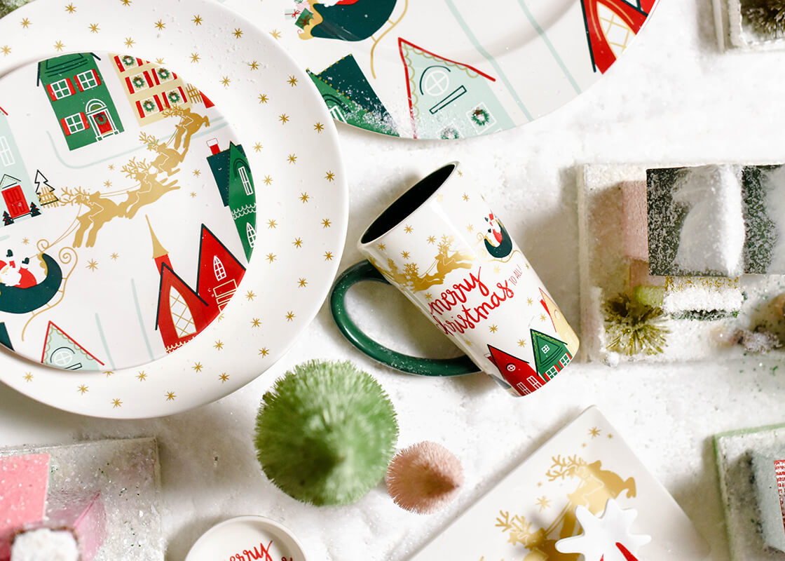 Overhead View of Coordinating Holiday Serveware Including Vintage Christmas Mug