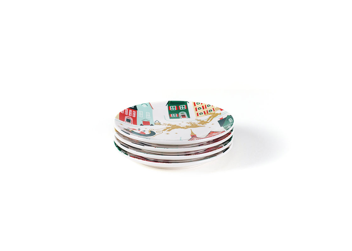 Front View of Neatly Stacked Vintage Christmas Village Salad Plate Set of 4