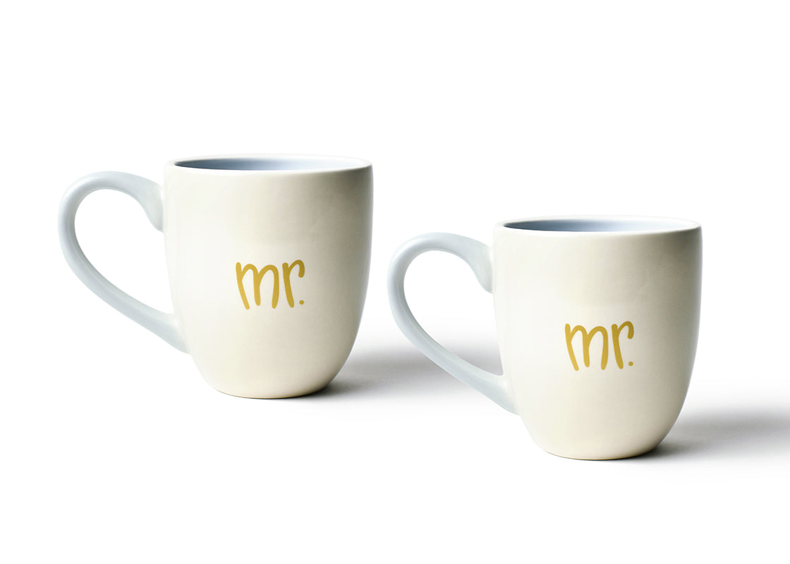 Front View of Mr. and Mr. Mugs with Comfortable Handle and Metallic Gold Writing
