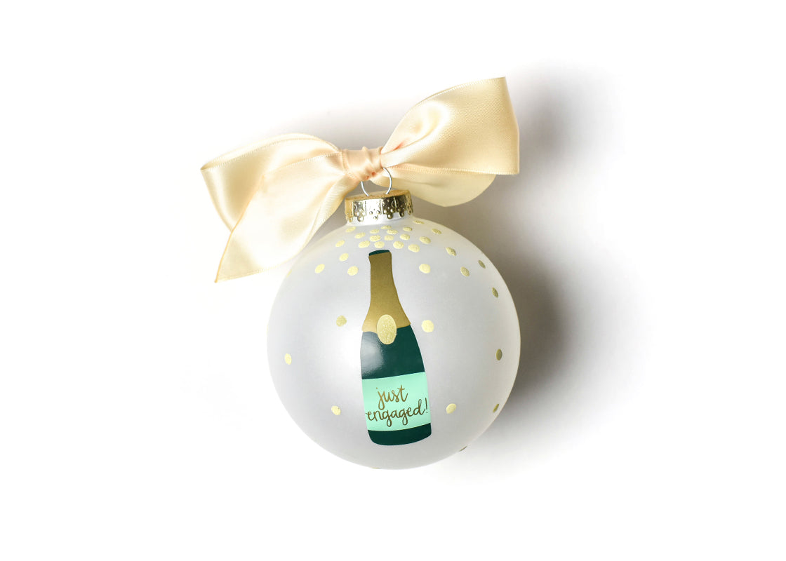 Front View of Just Engaged Champagne Pop Glass Ornament