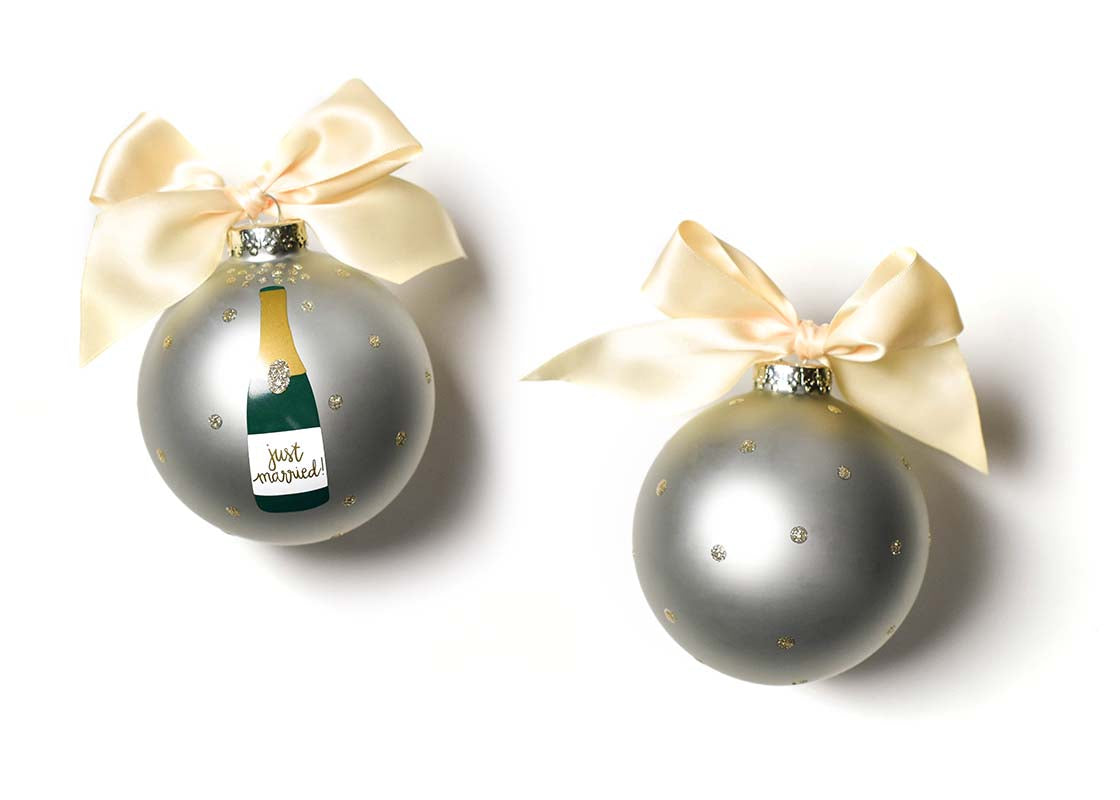 Front and Back View of Just Married Champagne Pop Glass Ornament Placed Side by Side