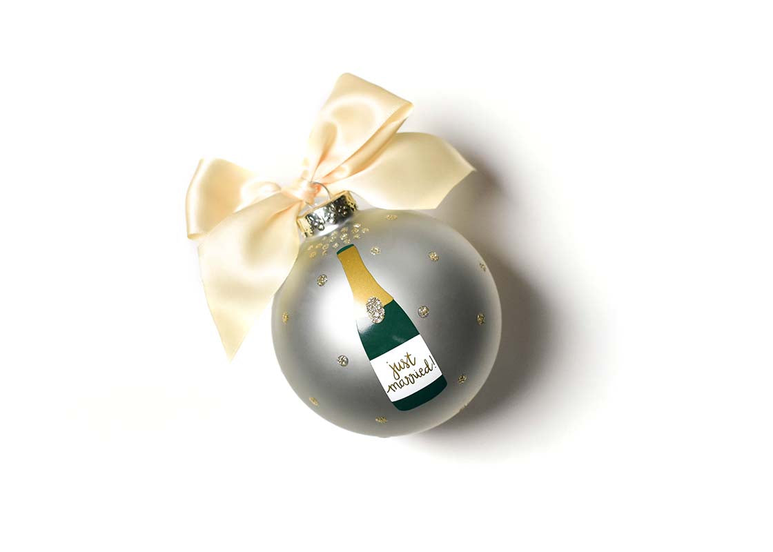 Front View of Just Married Champagne Pop Glass Ornament