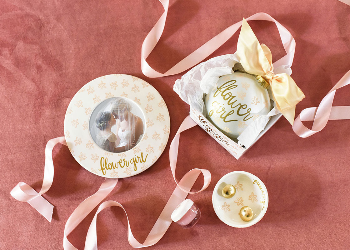 Overhead View of Blush Floral Flower Girl Dipping Bowl with Coordinating Gift Items