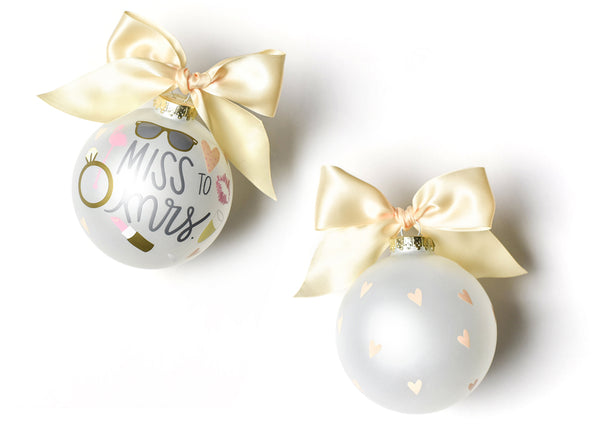 Miss To Mrs. White Glass Ornament with Peach Satin Bow