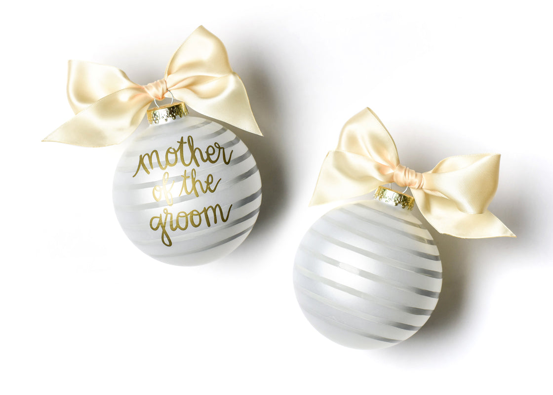 Front and Back View of Stripe Mother of the Groom Glass Ornament Placed Side by Side