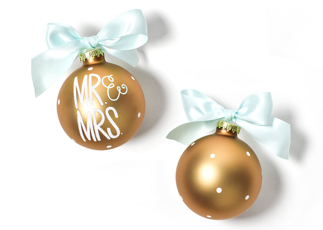 Front and Back View of Mr. & Mrs. Glass Ornament Placed Side by Side