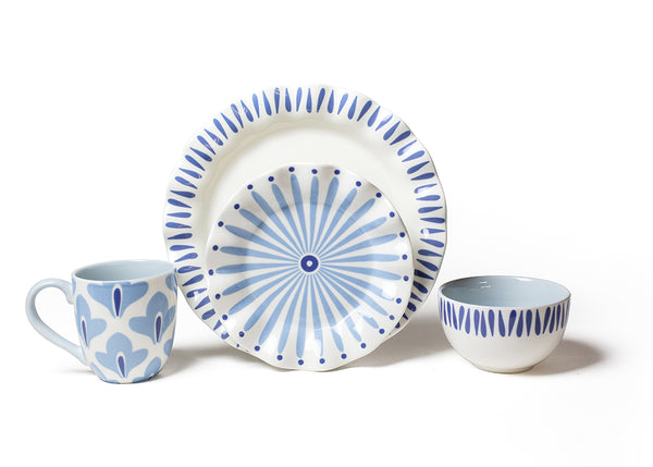 Iris Blue 4 Piece Place Setting Includes Salad Plate, Dinner Plate, Bowl, and Mug