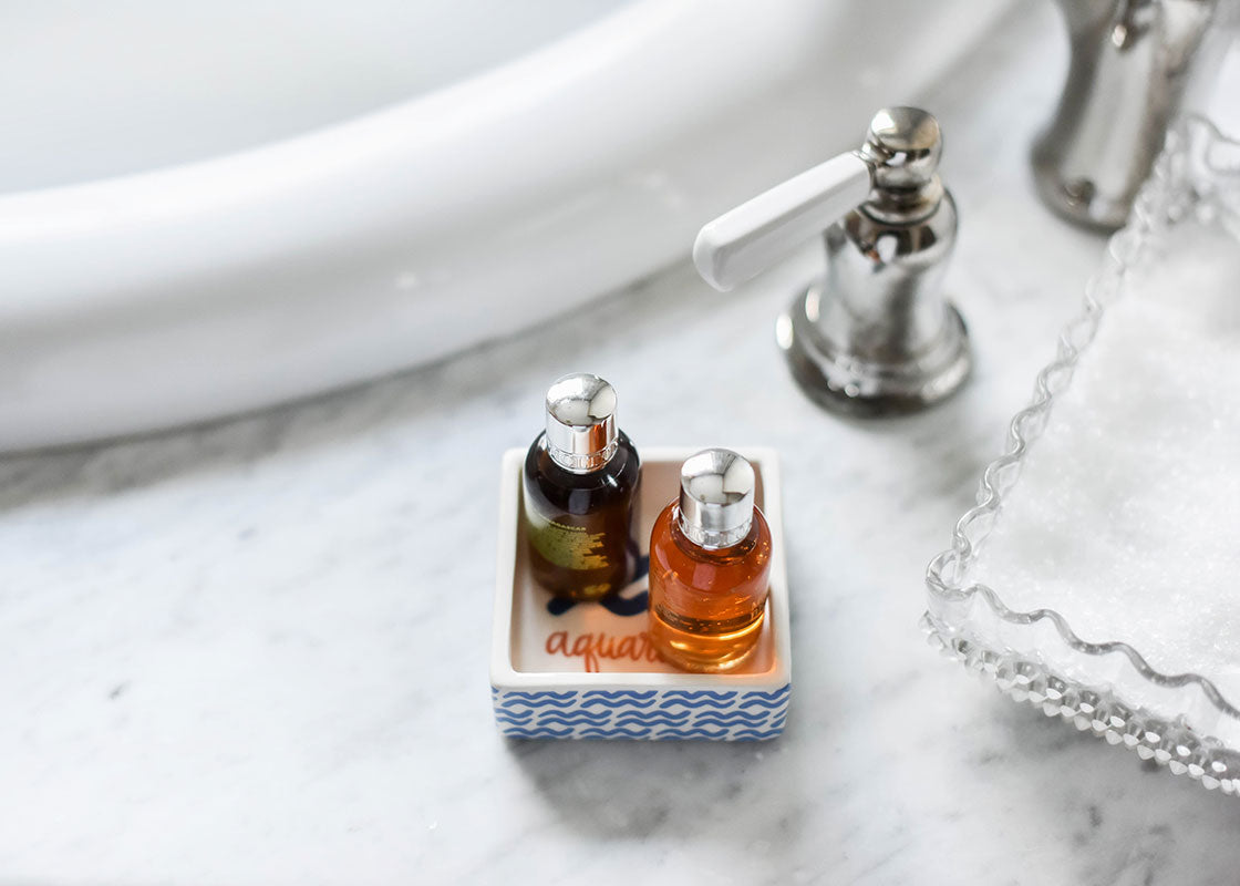 Overhead View of Zodiac Aquarius Trinket Dish next to Sink