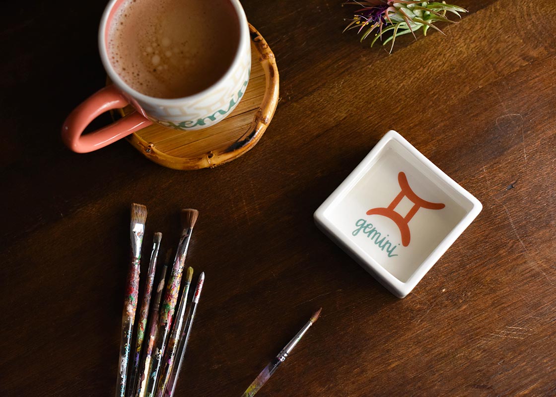 Overhead View of Zodiac Gemini Trinket Dish with Coordinating Mug