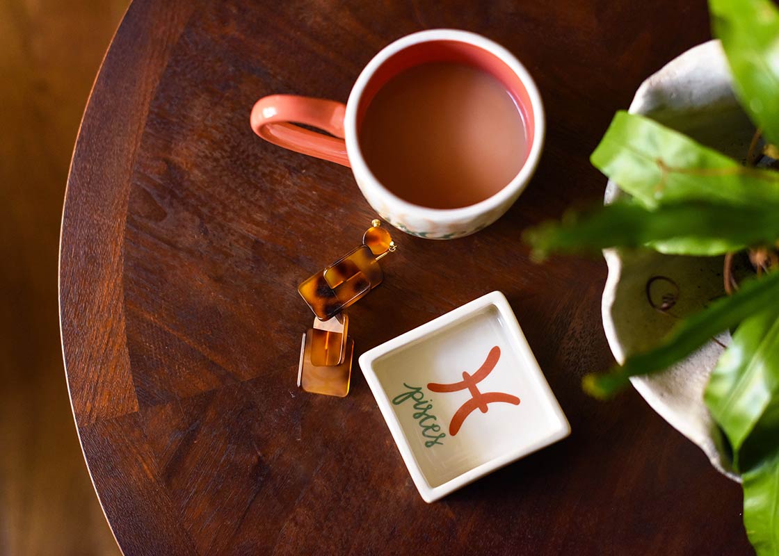 Overhead View of Zodiac Pisces Trinket Dish with Coordinating Mug