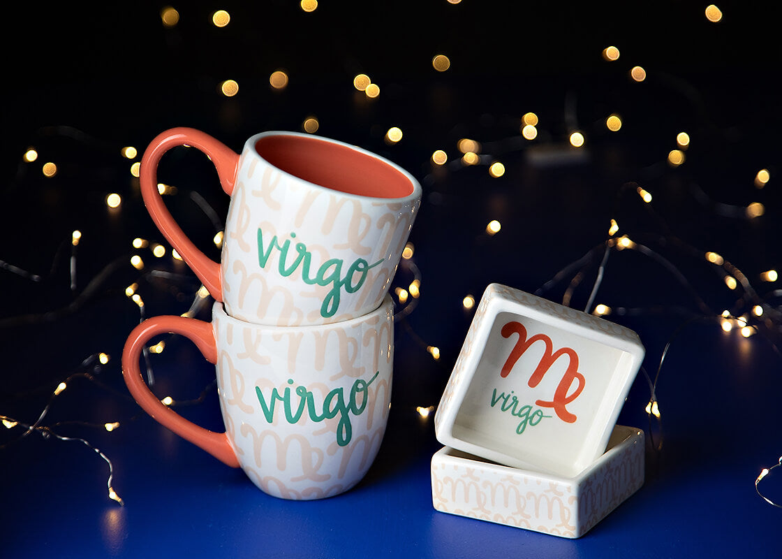 Front View of Stacked Zodiac Pieces Including Zodiac Virgo Square Trinket Bowl with Coordinating Mugs